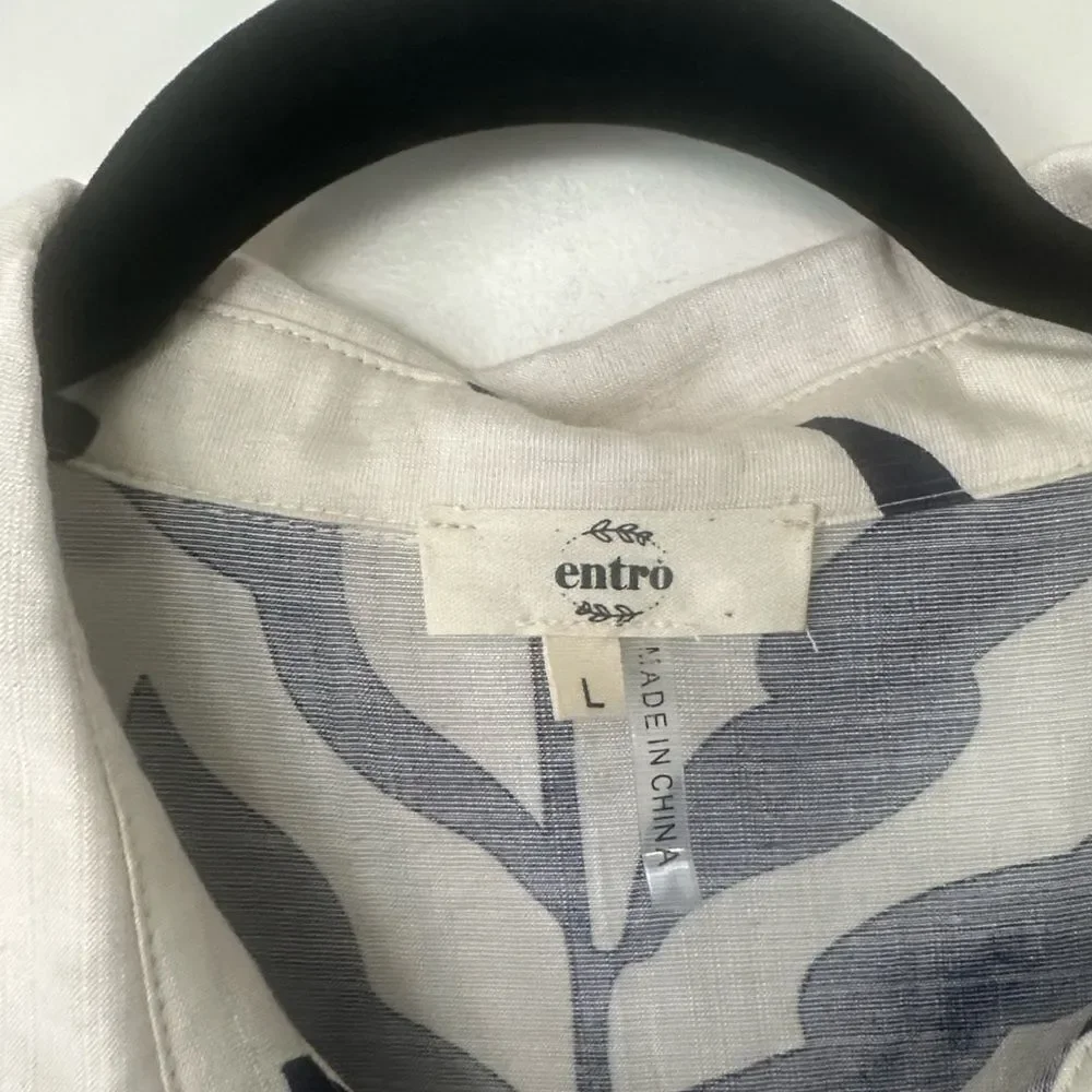 Entro Navy Blue Leaf Print Scallop Trim Midi Shirt Dress L - Picture 9 of 9